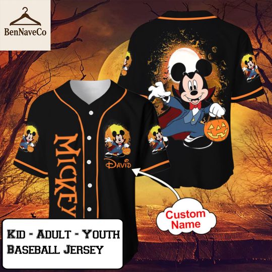 Halloween Mickey Baseball Jersey, Custom Name Disney Shirt, Vampire Mickey Halloween, Trick or Treat Disney Jersey, Kids Adult Youth