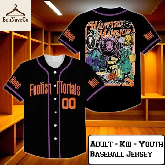 Haunted Mansion Baseball Jersey, Foolish Mortals Shirt, Hitchhiking Ghosts Halloween Jersey