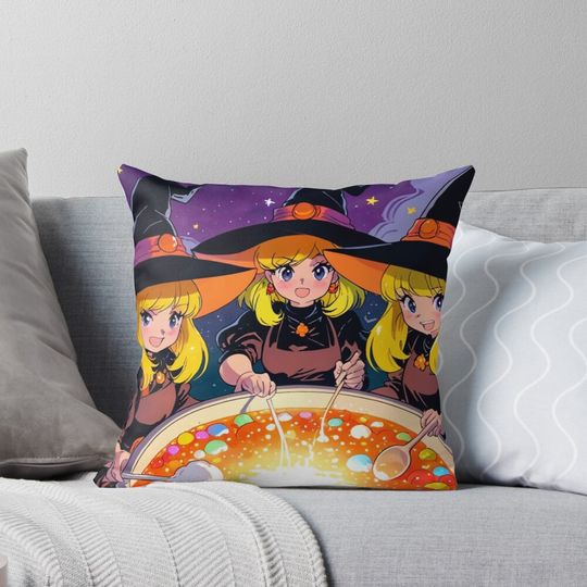 Discover Cute Witches Brewing a Magical Halloween Brew Pillow