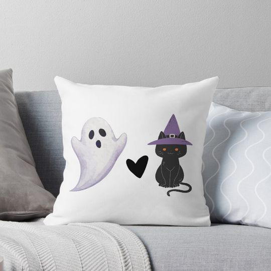 Discover Adorable Halloween Duo: Friendly Ghost and Black Cat with Witch Hat Pillow