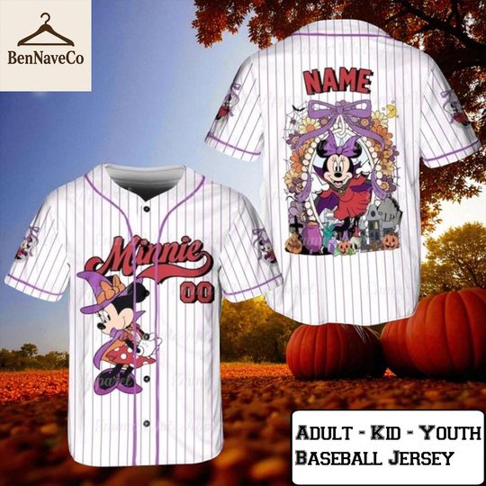 Discover Minnie Baseball Jersey, Custom Minnie Mouse Jersey, Halloween Witch Minnie Shirt, Adult Kid Youth Baseball Top, Cartoon Costume Tee