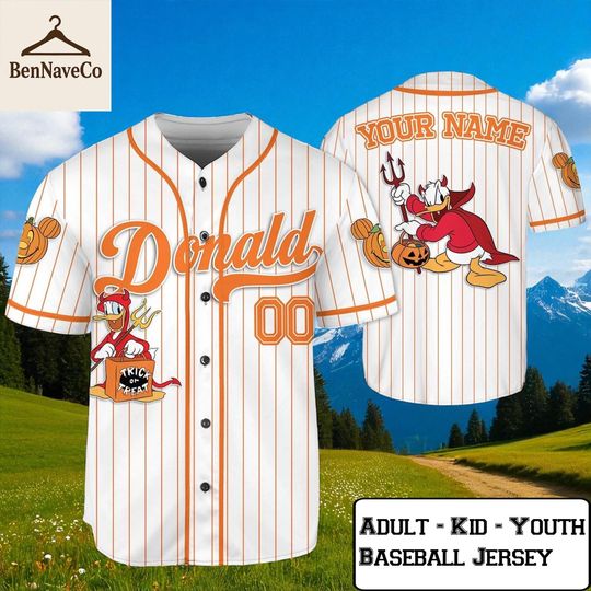 Discover Donald Baseball Jersey, Custom Donald Duck Jersey, Trick or Treat Halloween Jersey, Adult Kid Youth Baseball Top, Cartoon Costume Shirt