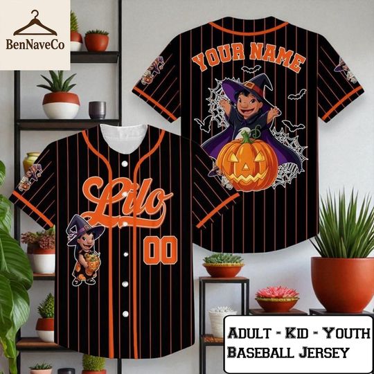 Discover Lilo Baseball Jersey, Custom Halloween Lilo Shirt, Trick or Treat Pumpkin Jersey, Adult Kid Youth Baseball Top, Cartoon Costume Jersey