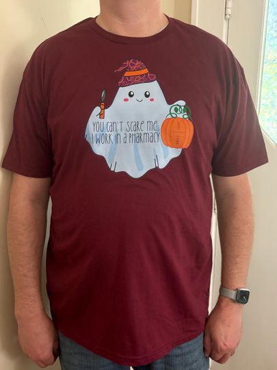 Discover Halloween Pharmacy Shirt! You cant scare me, I work in a pharmacy. Ghost with medication pumpkin and counting spatula! CPhT, PharmD gift!