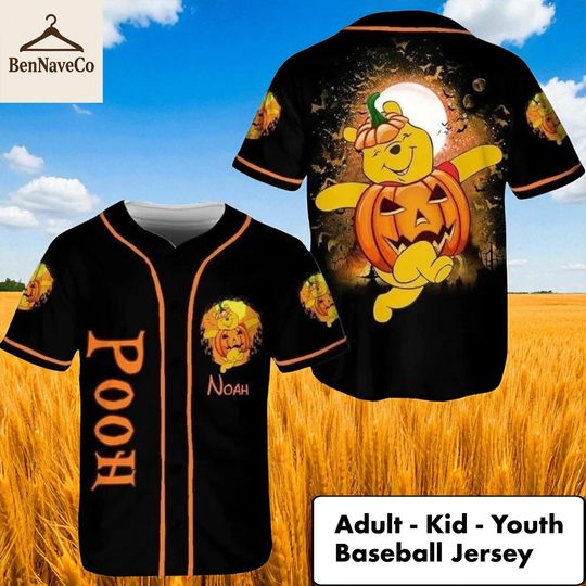 Discover Pooh Baseball Jersey, Halloween Pumpkin Pooh Jersey, Custom Name Kid Youth Adult Jersey Shirt