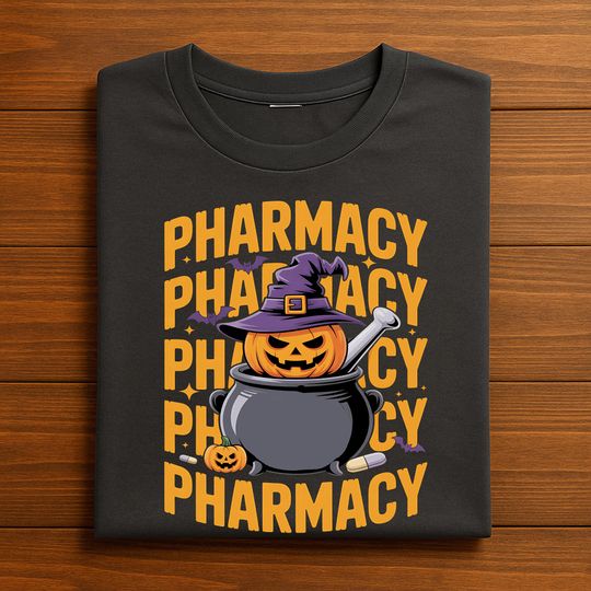 Discover Pharmacy Halloween Shirt, Pumpkin Pharmacist in Cauldron with Witch Hat and Bats, Spooky Pharmacy Tech Costume Tee, Pharmacist Halloween
