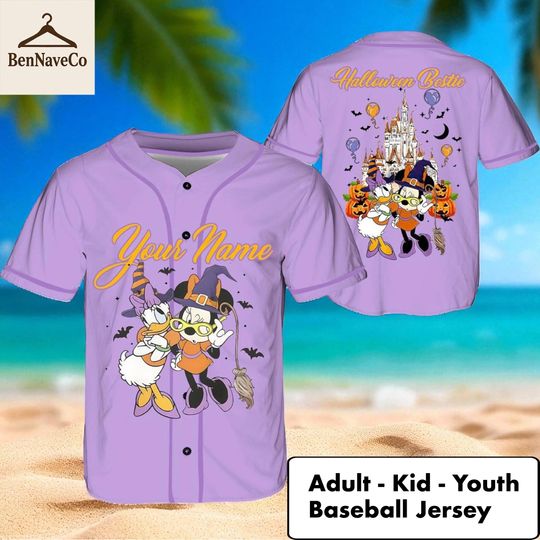 Discover Halloween Bestie Jersey, Daisy and Minnie Baseball Jersey, Custom Name Kid Youth Adult Halloween Shirt