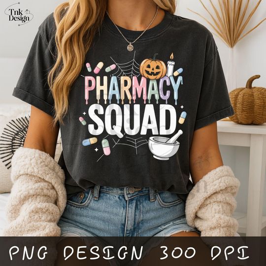 Discover Pharmacy Squad Halloween Shirt, Retro Dripping Pastel Text with Pumpkin, Pills & Mortar Design for Spooky Shirts