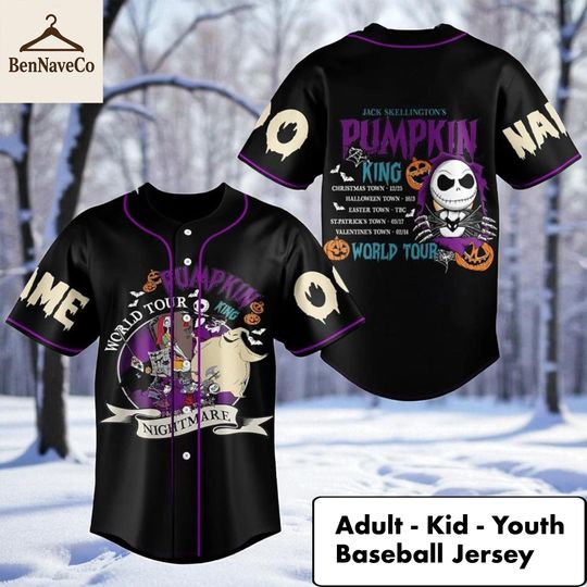 Discover Jack Skellington Pumpkin King Jersey, Nightmare Before Christmas World Tour Baseball Jersey, Custom Kid Youth Adult Shirt
