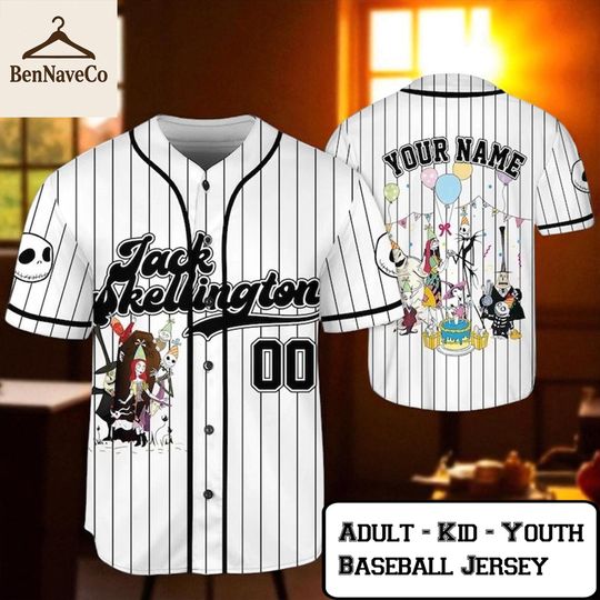 Discover Jack Skellington White Baseball Jersey, Disney Halloween Shirt, Custom Name Nightmare Jersey
