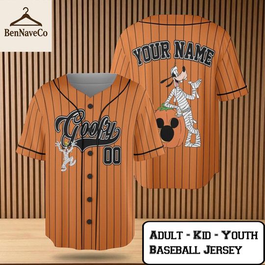 Discover Goofy Halloween Baseball Jersey, Disney Pumpkin Jersey Shirt, Custom Name Family Costume