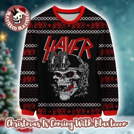 Discover Slayer Reign In Blood For The Holiday Skull Red And Black Knitted Ugly Sweater