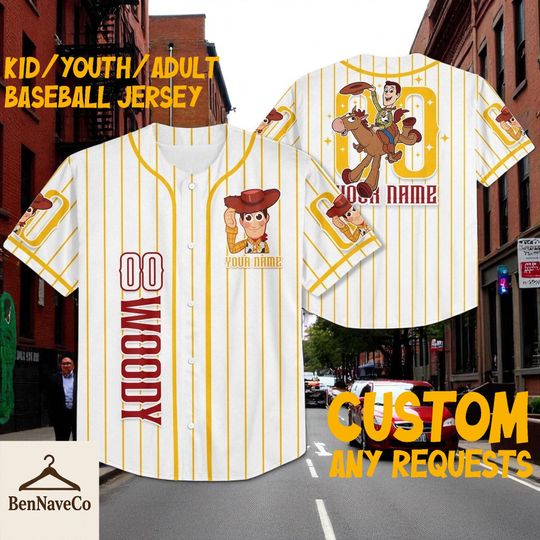 Custom Woody Baseball Jersey, Toy Story Jersey Shirt, Kids Youth Adult Disney Pixar Baseball Jersey