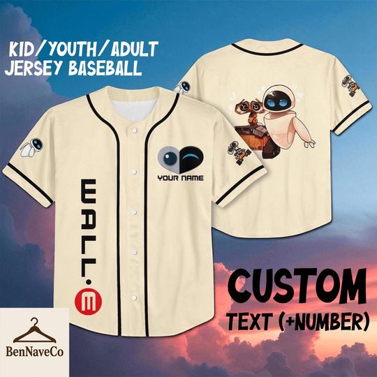 Custom Wall-E and Eve Baseball Jersey, Disney Pixar Couple Shirt, Kids Youth Adult Jersey