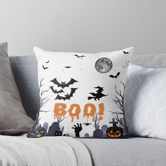 Spooky Halloween Graveyard Design | Boo Cat, Bats, Pumpkins, Witch & Full Moon Art Pillow