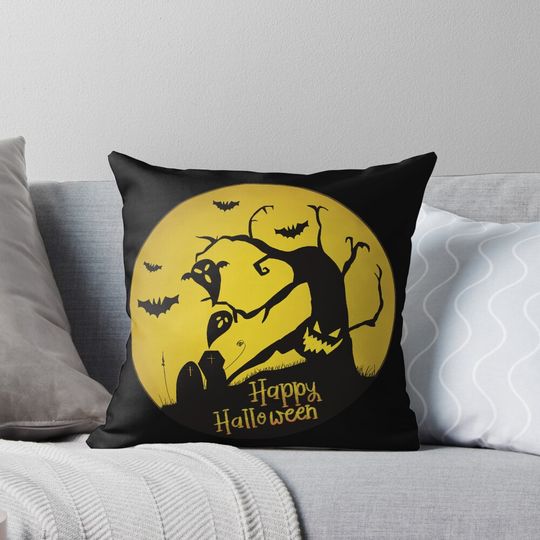 Discover  Happy Halloween black scary tree and ghost Pillow