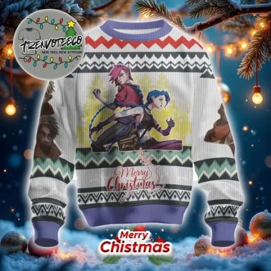 League Of Legends Vi And Jinx Duo Pose Ekko Expressions Ugly Christmas Sweater