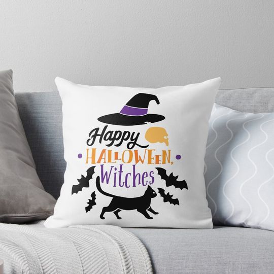 Discover Happy Halloween Witches Funny Cat Witch Halloween Pillow
