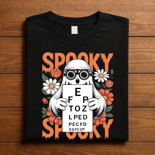 Discover Spooky Optometrist Halloween Shirt, Ghost Holding Eye Chart Tee with Glasses