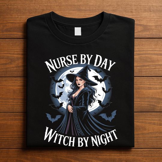 Discover Witch Halloween Tee with Full Moon and Bats, Spooky Costume for Healthcare Workers