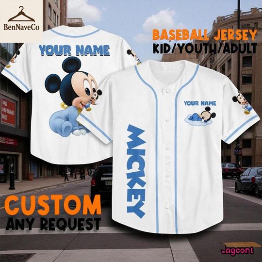 Discover Custom Baby Mickey Baseball Jersey, Personalized Disney Cartoon Shirt, Jersey for Kids Youth Adult