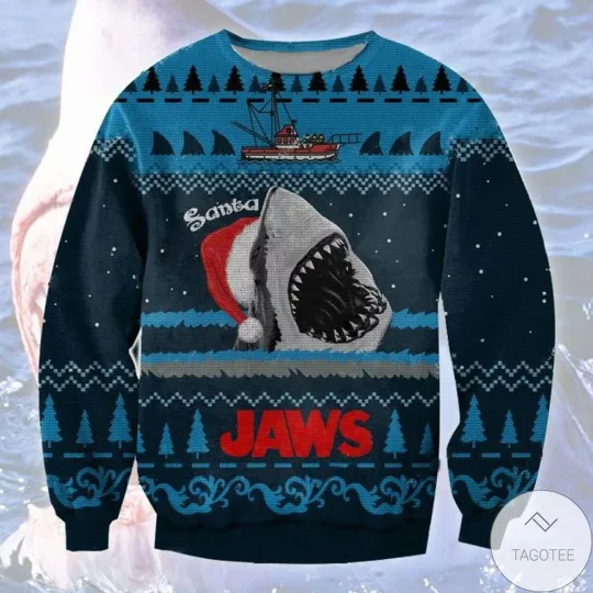 Love Santa Shark Jaws Ugly Christmas Sweater 1975-2025 50 Years Anniversary