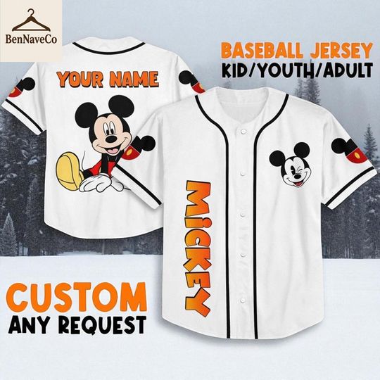 Discover Mickey Mouse Custom Baseball Jersey, Personalized Name Number Jersey, White Black Disney Mickey Shirt for Adult Kid Youth