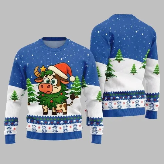 2025 Christmas Adorable Santa Cow Ugly Christmas Sweater