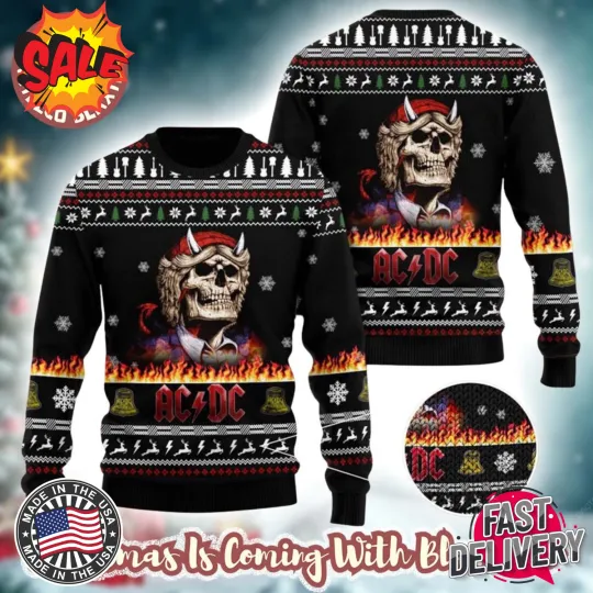 Discover AC-DC Angus Young Skeleton In Flame 2025 Knitted Black Ugly Sweater