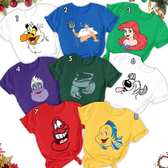 Discover Mermaid Princess Characters Group Matching T-Shirt, Red Hair Mermaid Princess Shirt, Little Princess Family, Cartoon Shirt For Friend