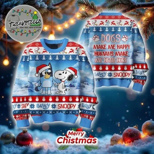 Discover BlueyDad Snoopy Peanuts Merry Christmas Human Makes My Head Hurt Ugly Sweater