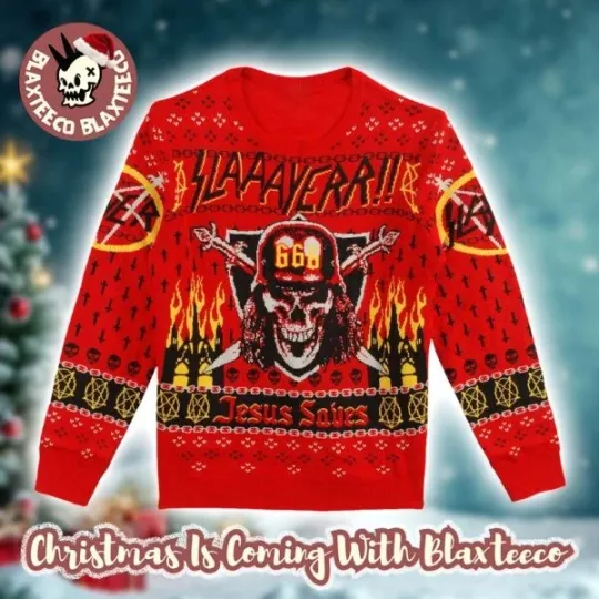Slayer 666 Holiday Jesus Saves Fire Red Knitted Christmas Ugly Sweater 2025