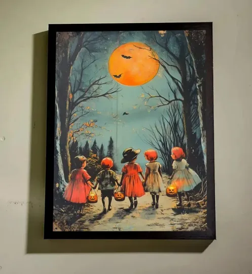 Discover Halloween Kids Poster Trick or Treat with Pumpkin Lantern Wall Art Print