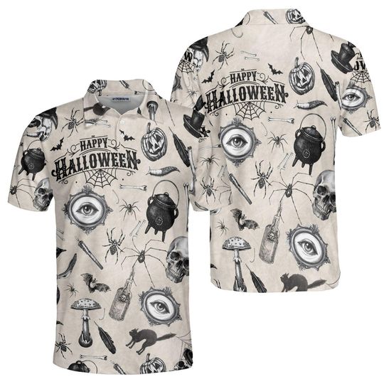 Halloween Polo Shirt, Vintage Gothic Print with Skull Spider Bat Cauldron, Happy Halloween Graphic, Unisex Collared Top, Spooky Costume Gift