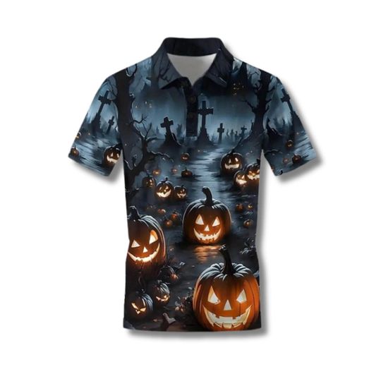 Discover Halloween Pumpkin Polo Shirt: Spooky Graveyard All Over Print