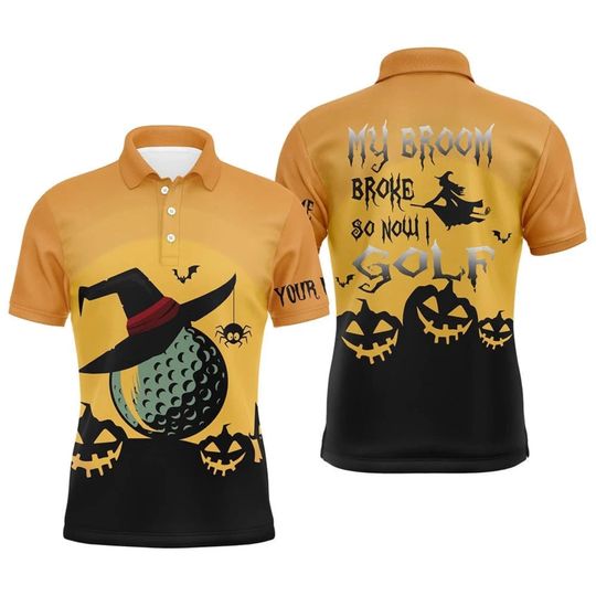 Funny Halloween Golf Polo Shirt: Witch Broom Design, Custom Name