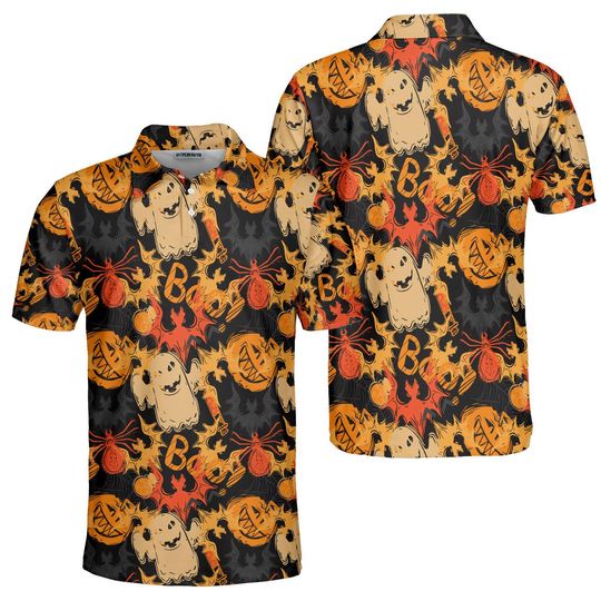 Discover Funny Halloween Polo Shirt, Spooky Abstract Pattern, Ghost Pumpkin Boo All-Over Print, Vintage Horror Tee, Trick or Treat, Fall Party
