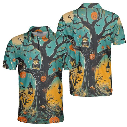 Halloween Polo Shirt, Haunted Tree Owl Pumpkin Print Polo, Spooky Bats Lanterns Design, Unisex Collared Top, Fall Party Costume Gift