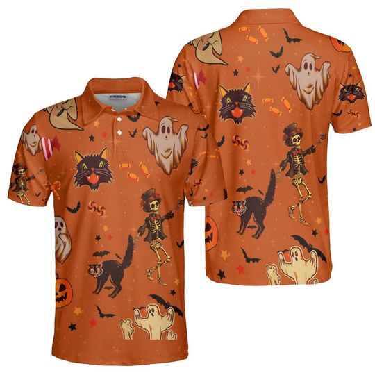 Orange Ghost Skeleton Cat Halloween Polo Shirt, Spooky Black Cat Pumpkin Candy Pattern, Unisex All Over Print Top, Costume Party Gift