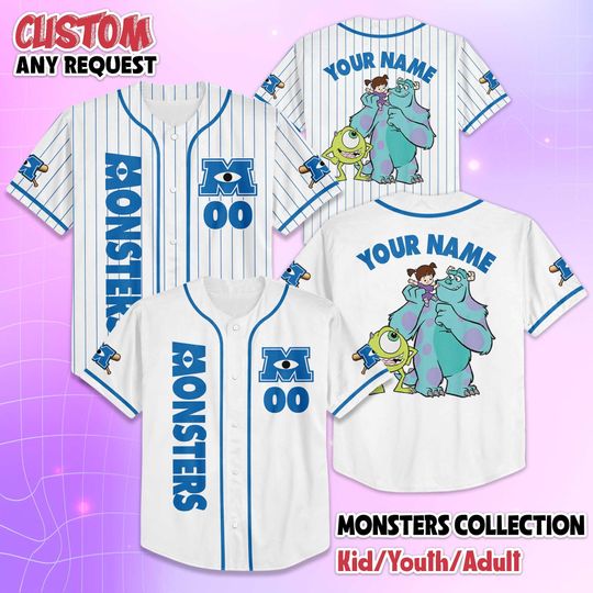 Discover Personalized Monsters Characters Baseball Jersey, Disney Monsters Inc Baseball Shirt, Matching Disney Trip Outfit, Disney Birthday Gift