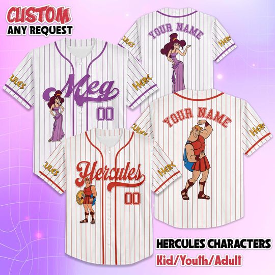 Discover Personalized Hercules Characters Baseball Jersey, Disney Meg Hercules Baseball Shirt, Matching Disney Trip Outfit, Hercules Birthday Gift