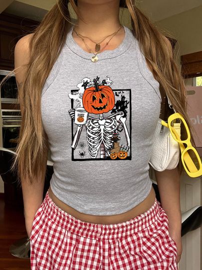 Funny Skeleton Crop Tank Top: Spooky Halloween Apparel