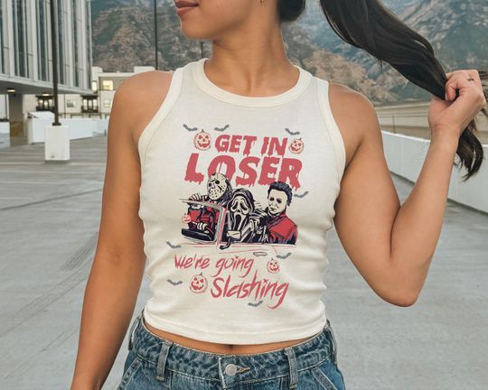 Get In Loser Horror Squad Cropped Tank Top: Retro Halloween, Spooky Season Tee