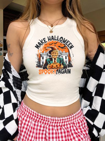 Discover Make Halloween Spooky Again Racerback | Trump Pumpkin Tank Top | Funny Political Tee | Spooky October Gift Top | Election Apparel