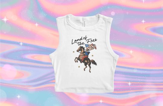 America Land of Free Crop Tank, Patriotic Cowboy Horse Baby Tee, Country American Flag Womens Tee, Strong Brave Crop