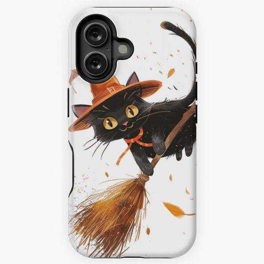 Discover Cute Halloween Black Cat – Witch Kitten Flying on Broomstick Illustration iPhone Case