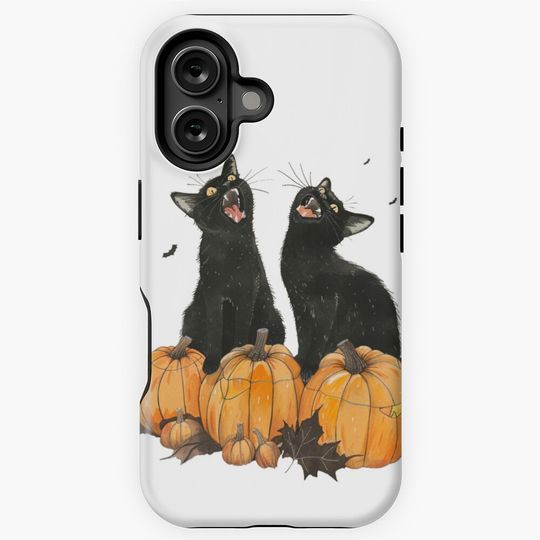 Spooky Halloween Black Cats – Twin Kittens with Pumpkins and Autumn Leaves Illustration iPhone Case