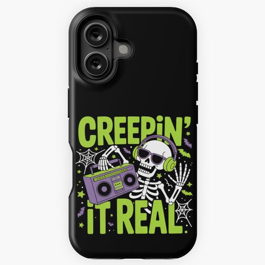 Discover Creepin' It Real: A fun and vibrant Halloween design featuring a groovy skeleton in headphones and sunglasses, dancing with a boombox. iPhone Case