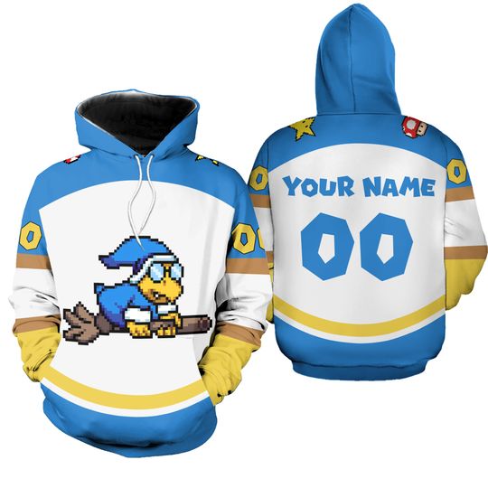 Magikoopas Kamek Sports Custom Name Full Over Print 3D Hoodie | Super Mario Luigi Cosplay Shirt | Mario Bros Video Game