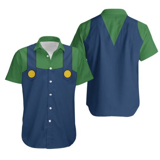 Luigi Cosplay Button Shirt, Super Mario Hawaiian Shirt, Shorts Men, Mario Bros Vacation Shirt, Halloween 2025 Costume For Game Lovers